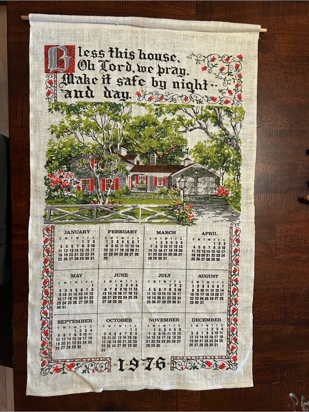 Vintage 1976 Printed Linen Tea Towel Calendar “Bless This House”